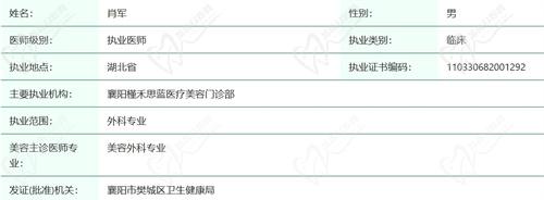 襄陽思藍醫(yī)療美容門診部肖軍資質(zhì)查詢