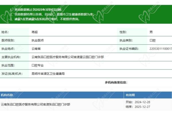 昆明張品口腔門診部(星云園店)蔣超醫(yī)生資質(zhì)認證